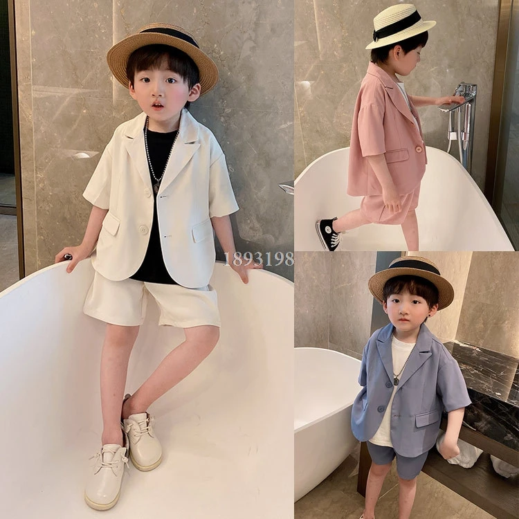 Children's Summer Short Sleeve Suits Set Boys Girls Korean Blazer Shorts 2pcs Clothing Set Kids Performance Party Costume boys suit set