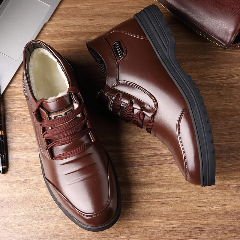 Brown Winter Boots Misalwa/зимние мужские ботинки из искусственной кожи; теплые ботинки на меху; ботильоны на шнуровке; классические повседневные мужские ботинки для улицы - Цвет: Brown Winter Boots