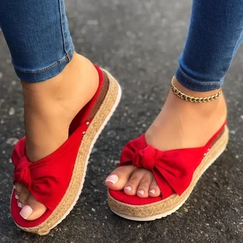 

Summer Women Wedges Heel Slippers Platform Flock Bow Tie Hemp Sole Slides Fashion Baech Oudtoor Ladies Shoes Zapatos De Mujer