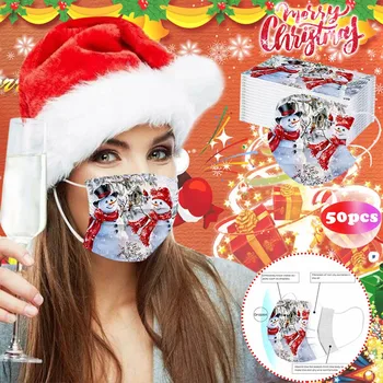 

50 Pcs Disposable Face Mask Christmas Print Non-Woven 3 Layer Face Masks For Germ Protection For Adults Mascarillas Flag Bandana