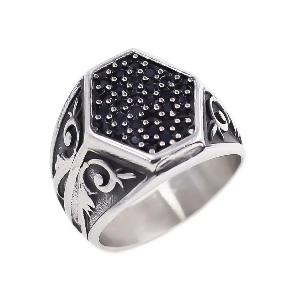316L Stainless Steel Hexagon Inlaid Cubic Zirconia Ring for Men Vintage ...