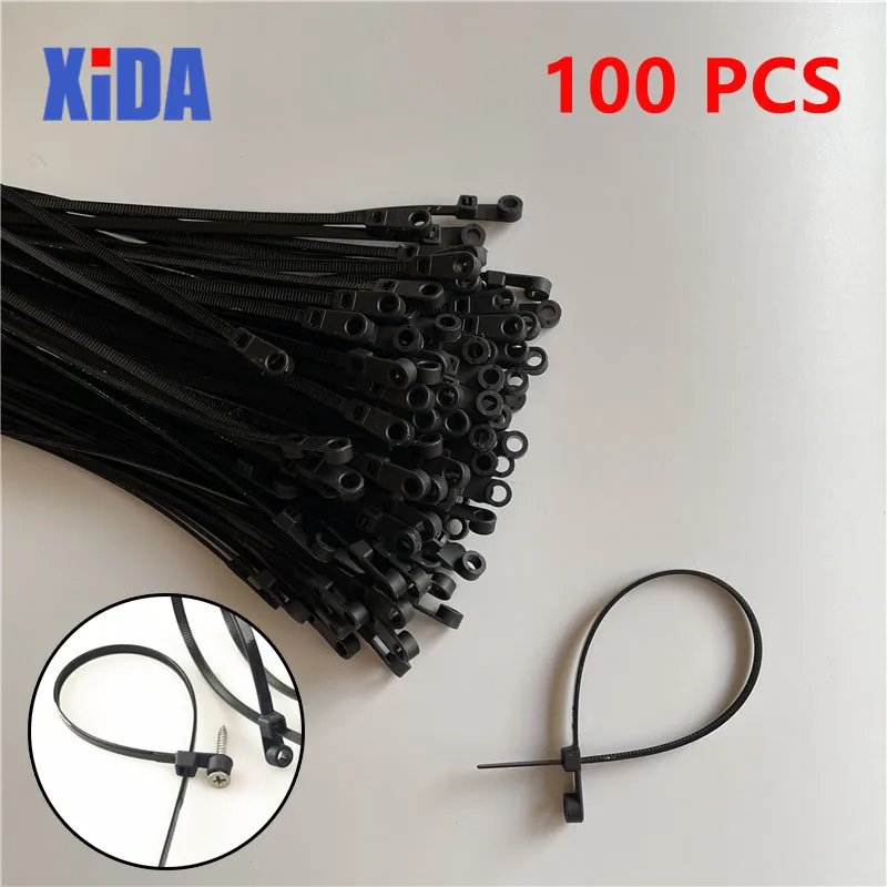 

100Pcs Nylon Cable Tie 4*200 Fixed Cable Tie Nylon Cable Zip Ties With Screw Hole Mount Self Locking Loop Wrap Bundle Tie Straps