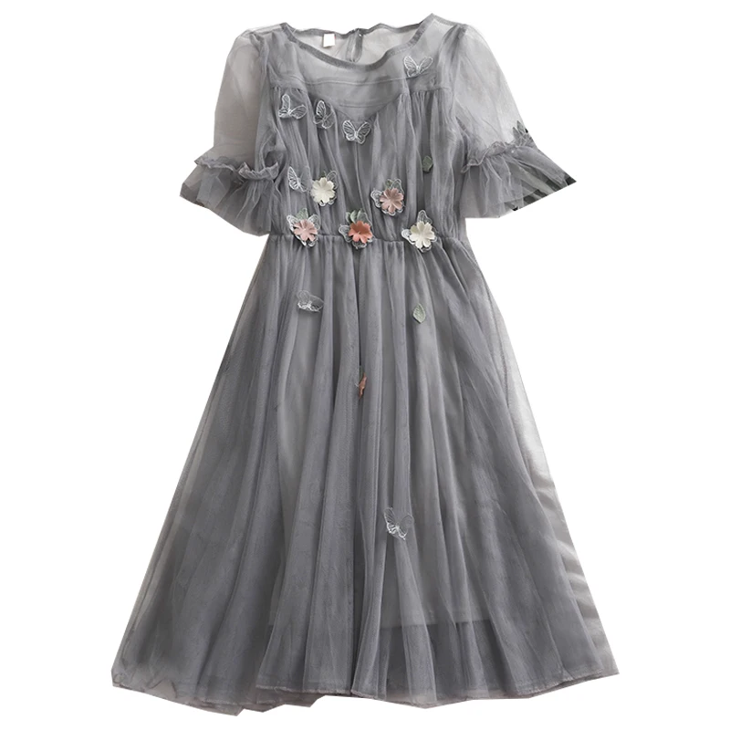 gray short sleeve Летнее японское кружевное платье в стиле Лолиты, мягкое каваи цветочное винтажное цветочное женское сексуальное платье, милая плиссированная Женская одежда, комплекты из двух предметов - Цвет: gray short sleeve