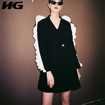 

[HG] 2018 New Autumn Europe Ruffles Patchwork Notched Collar Coats Female Full Sleeve Double Breasted Long Blazers GWY1904