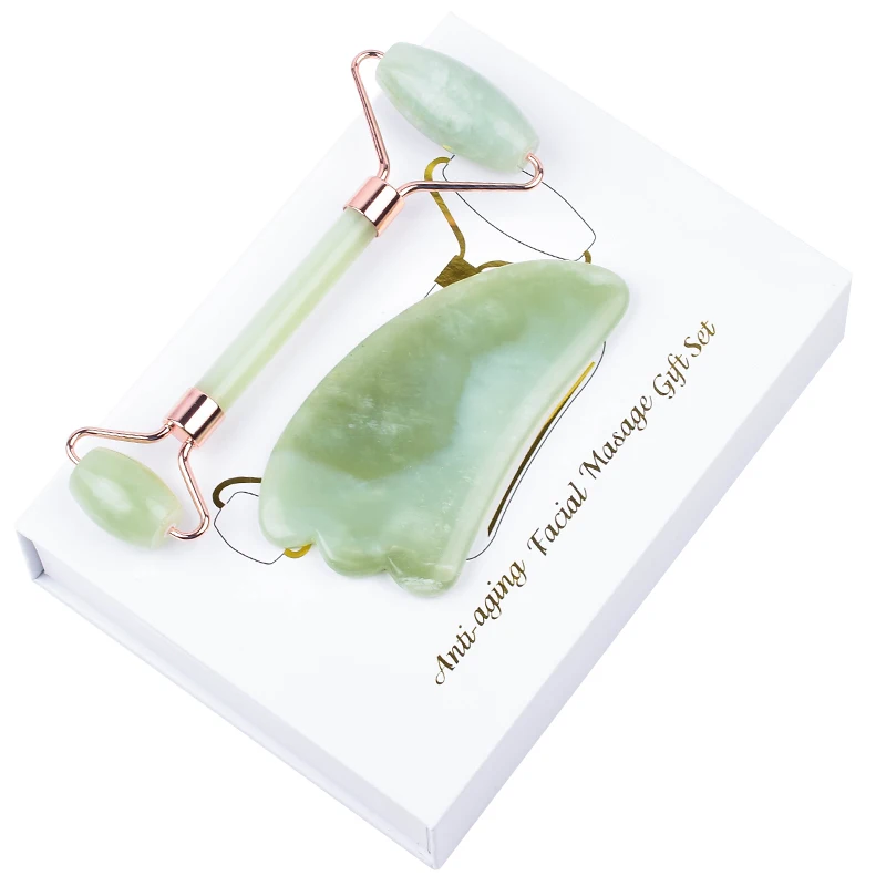 gift set with box Нефритовый ролик Guasha массажный инструмент бесшумный натуральный XiuYan Jade набор для массажа лица роликовый для здоровья и красоты инструмент для ухода за лицом - Цвет: gift set with box