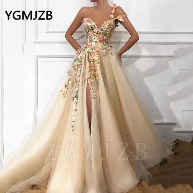 

Colorful 3D Flowers Evening Dresses 2020 A-Line One-Shoulder Front Slit Tulle Women Formal Prom Gown Party Dress Robe De Soiree