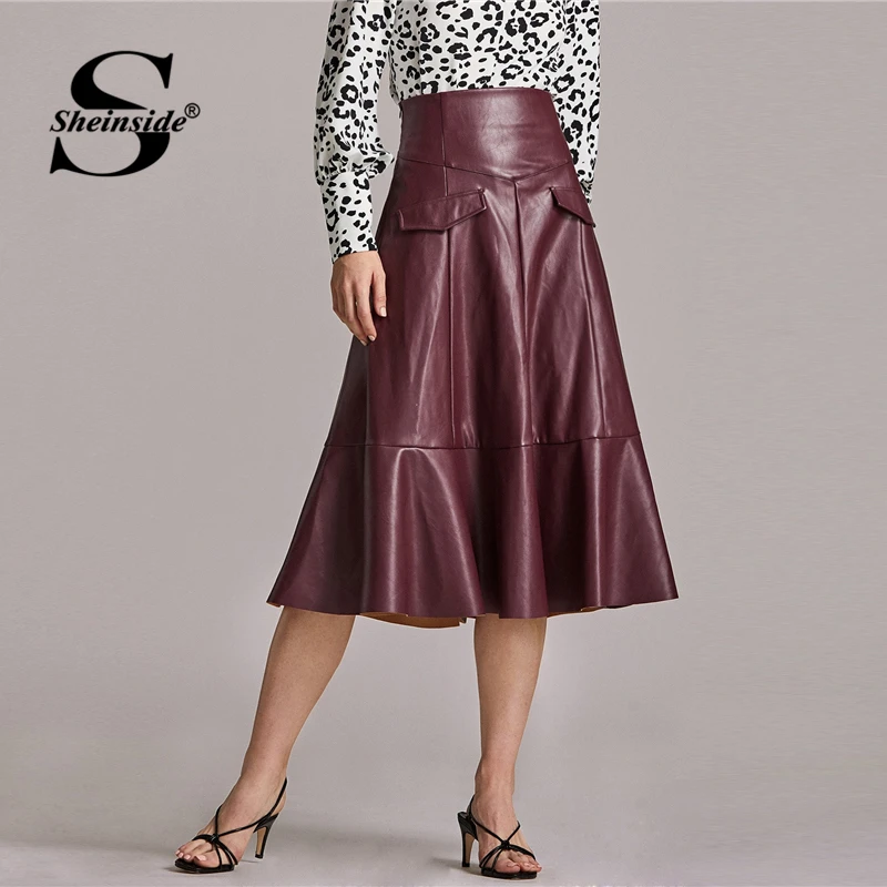 1452.85руб. 50% СКИДКА|Sheinside бордовая Женская юбка из искусственной кожи с широким поясом на молнии, осень 2019, женские юбки трапециевидной формы с декоративным карманом и оборками on AliExpress 