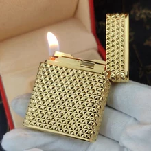 Exquisite Flame ST Cigarette Metal Lighter Diamond Pattern Carving, Men's Hat Sound Gold Finish for Smoking Collection Birthday