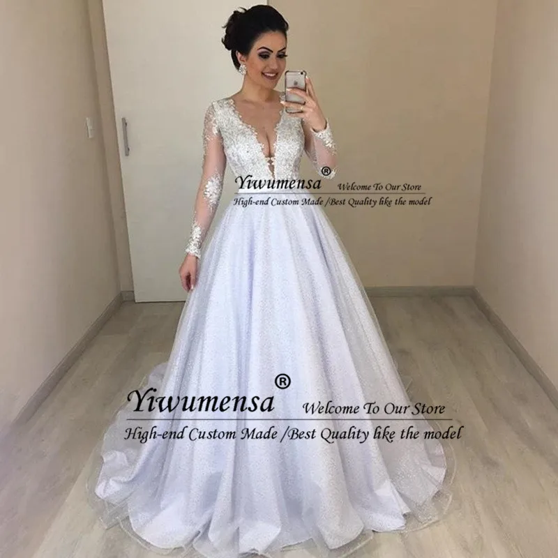 Свадебные платья с длинным рукавом и глубоким v-образным вырезом, кружевные аппликации 2 EM 1, свадебные платья, свадебное платье, Vestidos De Novia, платье невесты