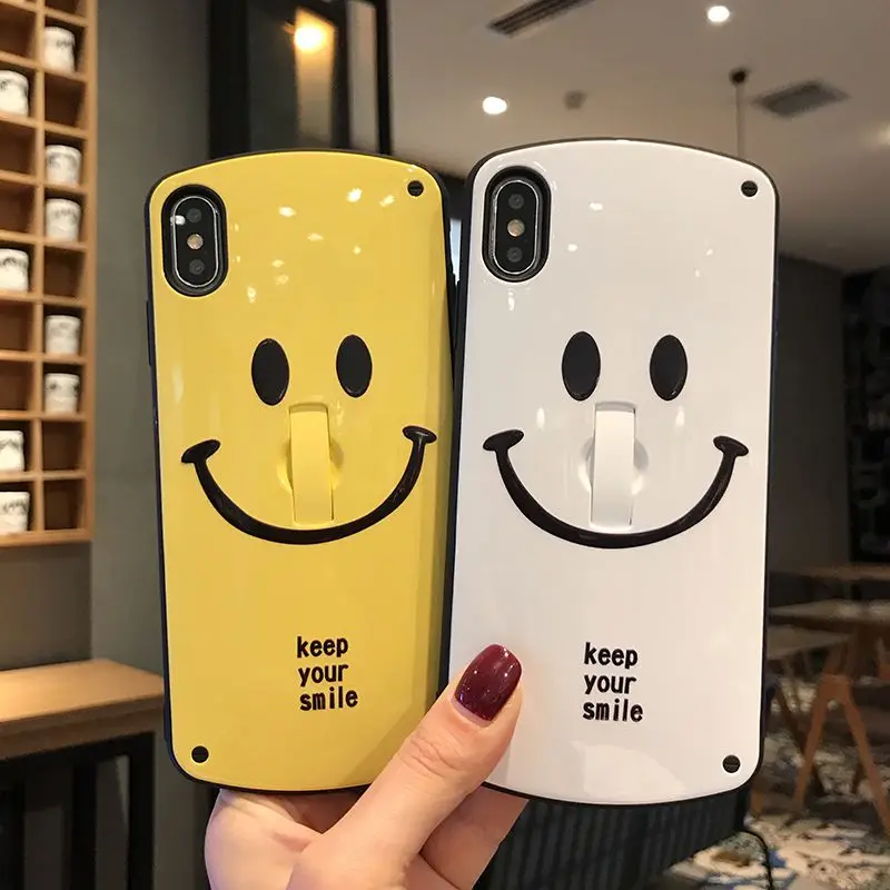 

For iPhone 7 8 7plus 8plus pure color Smiling face case for iPhone x x s xsmax XR silica gel anti-fall finger ring bracket case