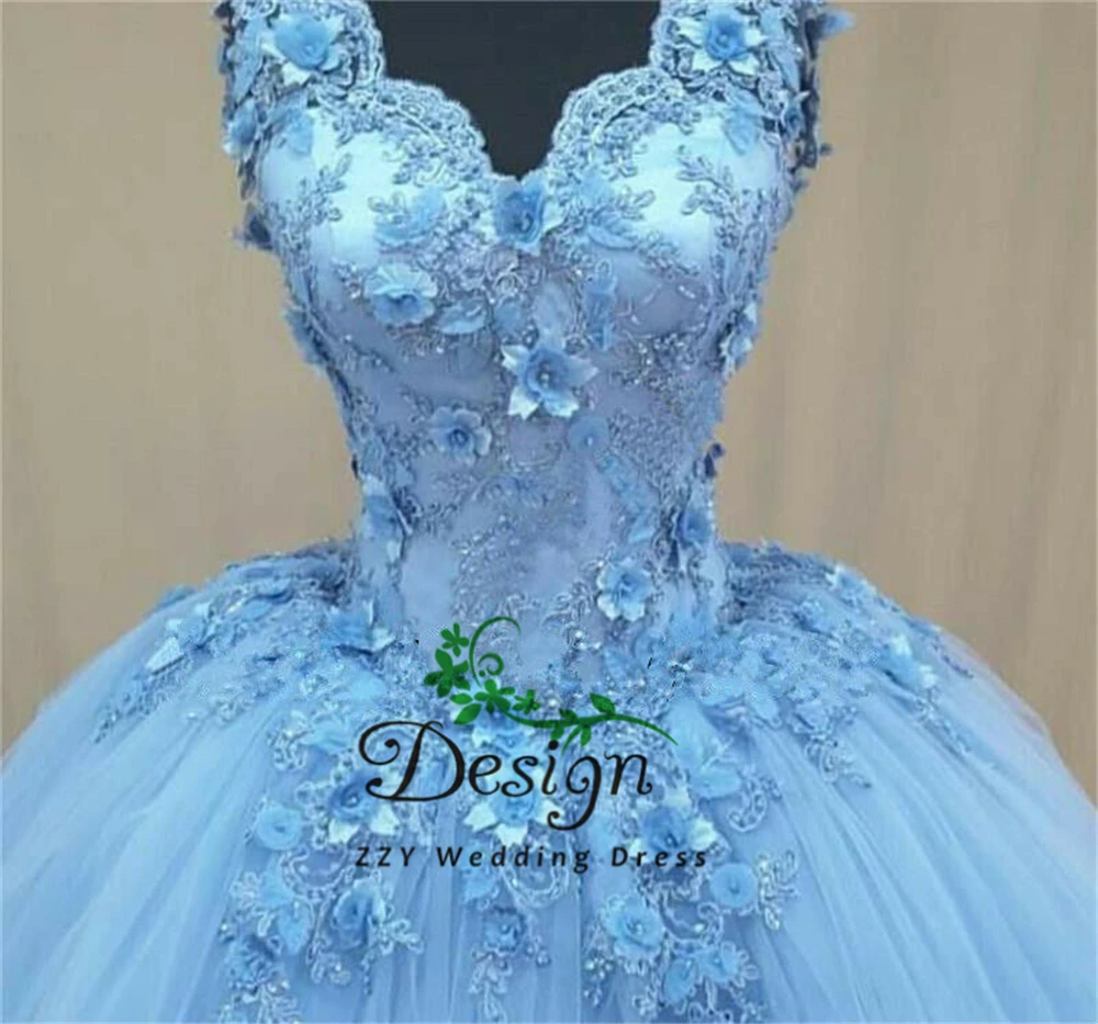 Vestidos De 15 Anos Quinceanera 201 синий v-образный вырез аппликации цветы Тюль Спагетти ремни винтажное бальное платье Бальные платья