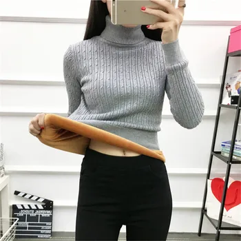 

2020 Autumn Winter Plus Velvet Sweater Women's Knit Pullovers Short Large Size Slim Warm High Collar Thick knitted Shirt xa386