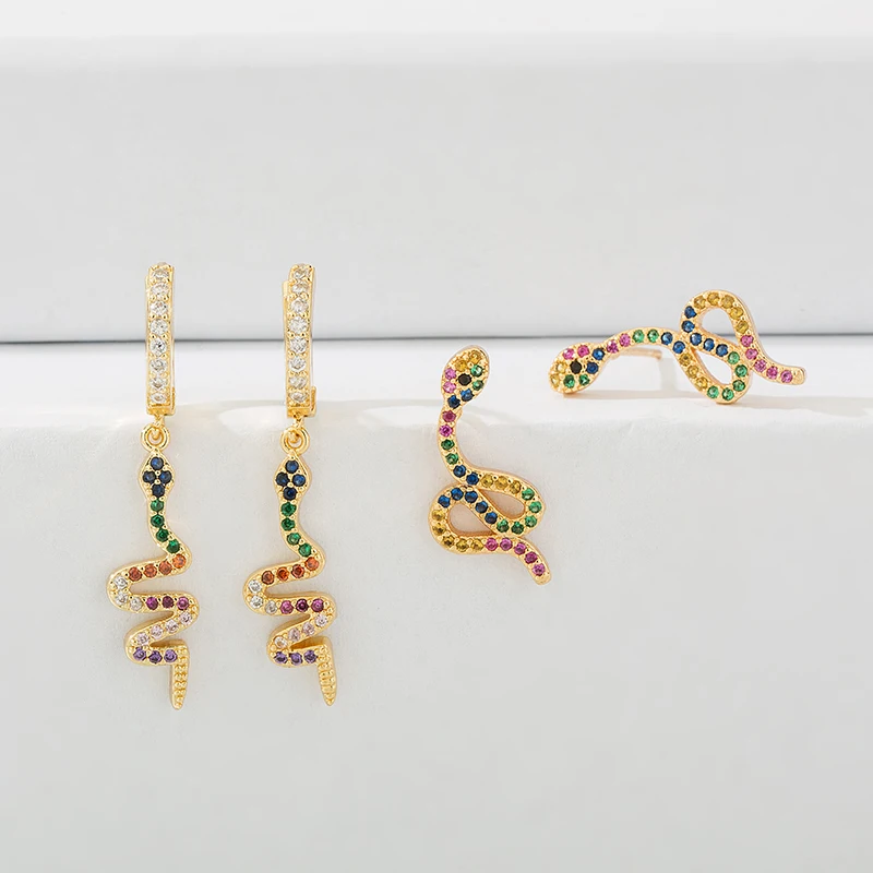 Модные дизайнерские Разноцветные кристаллы CZ Змея серьги-гвоздики в форме серьги для женщин золотые массивные животные длинные серьги ювелирные подарки
