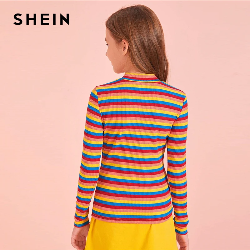 SHEIN/Детская разноцветная полосатая трикотажная футболка в рубчик; одежда для подростков; коллекция года; сезон осень; Детские повседневные Топы И Футболки с длинными рукавами
