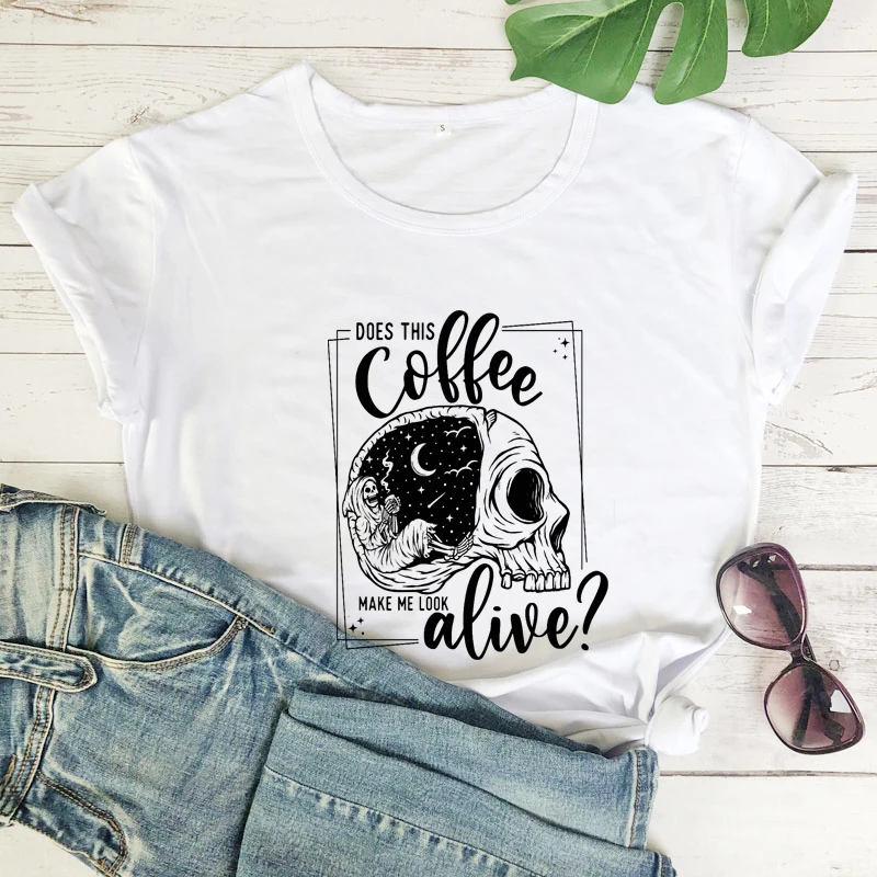 

Does This Coffee Make Me Look Alive T-shirt Gothic Skeleton Drinking Coffee Tee Shirt Top Aesthetic Women Halloween Goth Tshirt