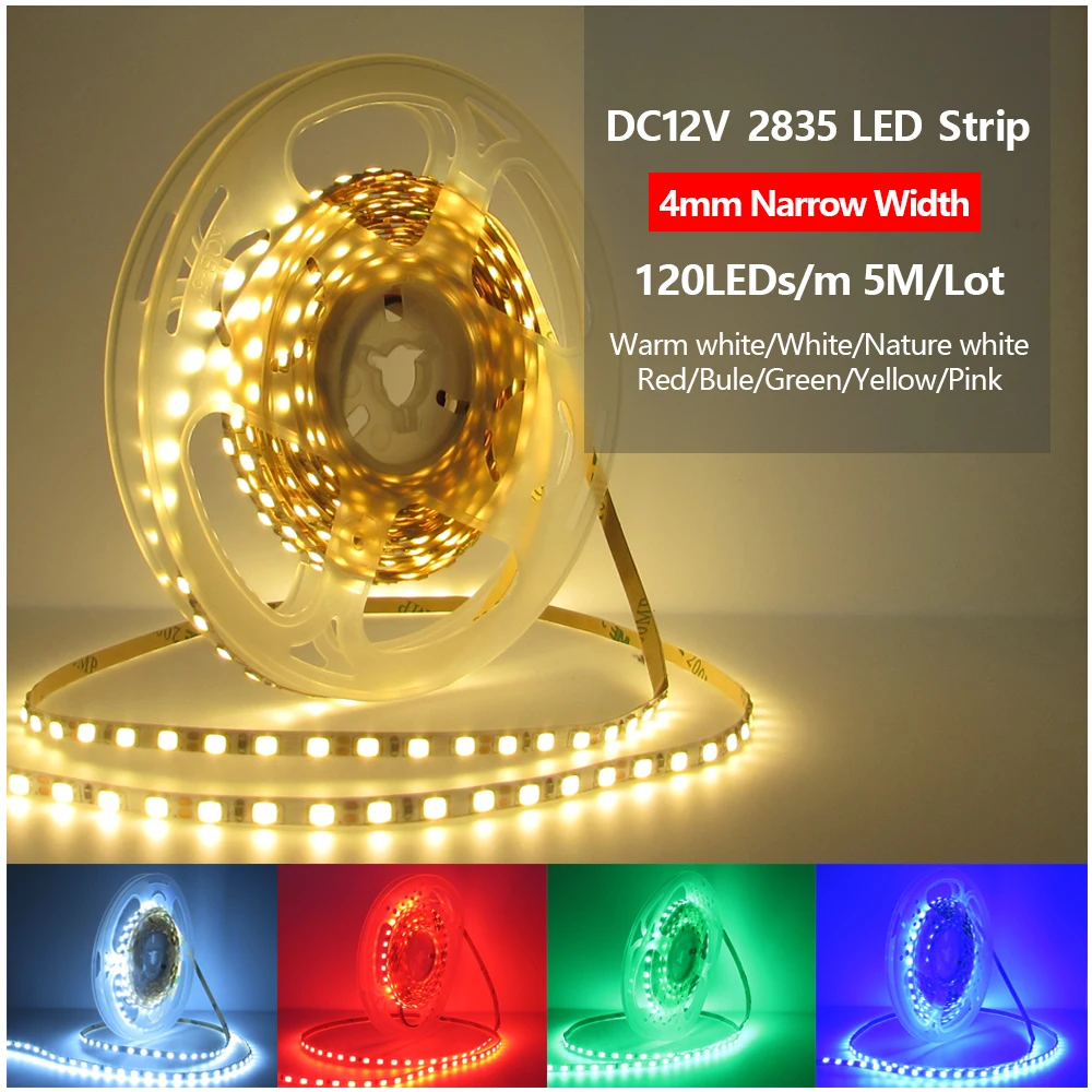 4mm Narrow Width 12V LED Strip Light 2835 120led/M 5M Not Waterproof Flexible 12V Led Strip Decor Lights For Decoration Bedroom