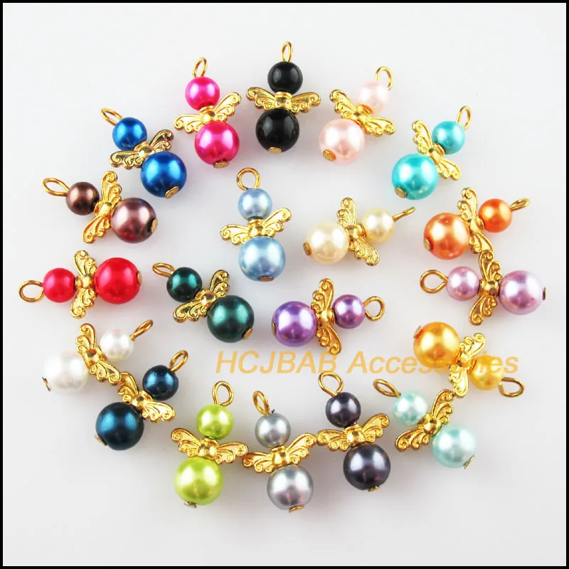 

20 New Angel Charms Gold Color Ball Glass Pearl Beads Mixed Pendants 14x21mm
