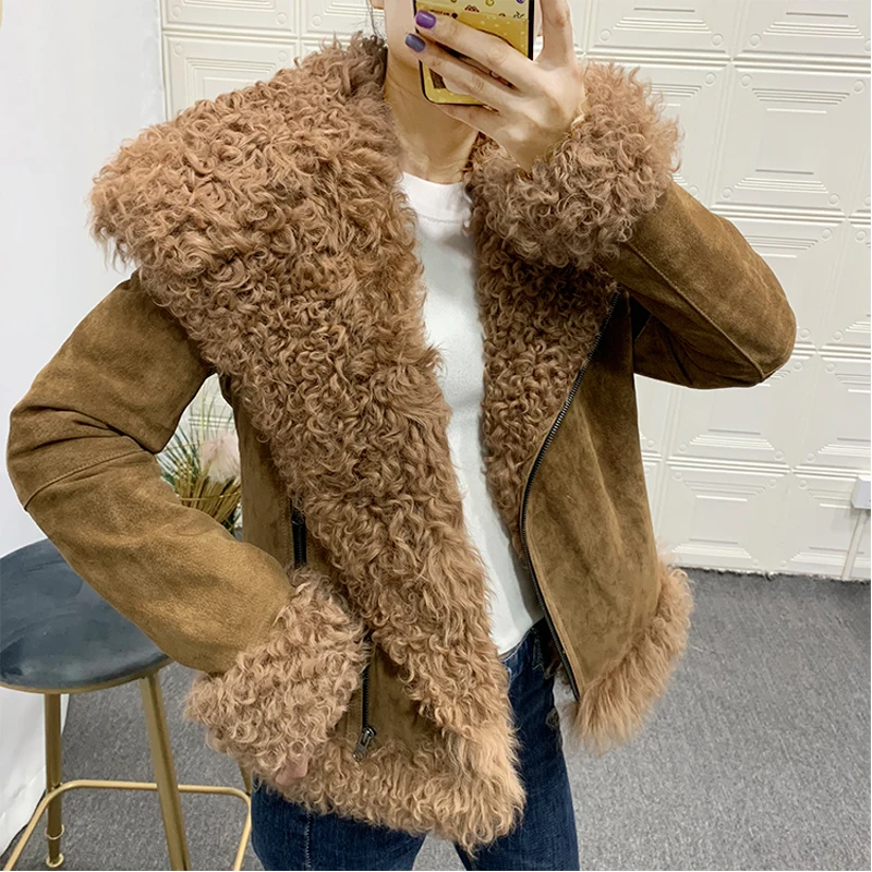 rf1923B Genuine Leather Suede Real Sheep Fur Coat Woman Fashion Winter Natural Fur Jacket for Ladies