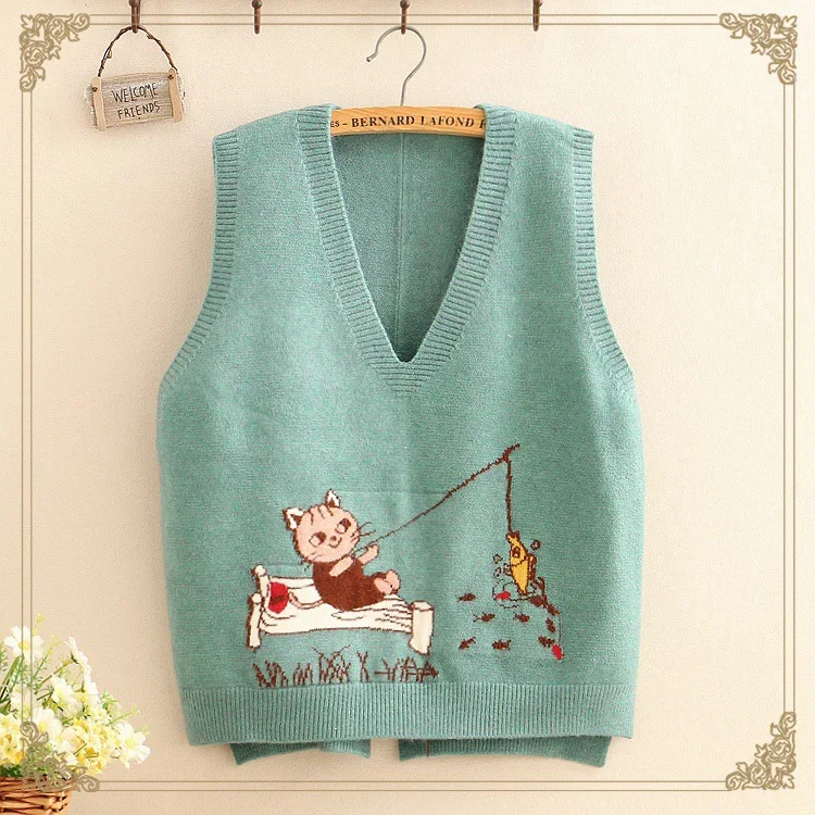 

5 colors-- Casual cartoon cat fish pattern cute sweet cartoon v-neck sleeveless vest pullover sweater 2019 mori girl