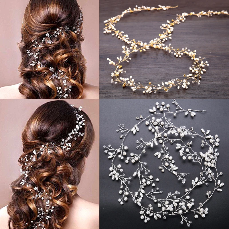 

Crystal Pearl Bridal Tiaras Hairbands Hairpins Bridesmaid Hair Accessories Wedding Jewelry 35cm Headwear