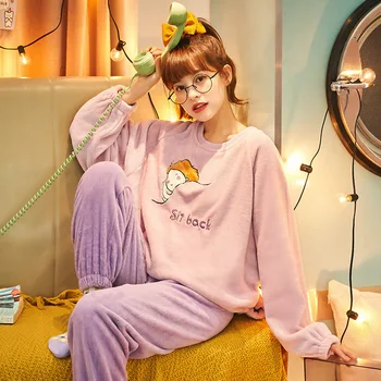 

Pink Women Cute Pajamas Sets Velvet 2 Pieces Sleepwear Suit Hoodies Sweatshirt Sweatpants Loungewear Set Ladies Home Lounge Wear