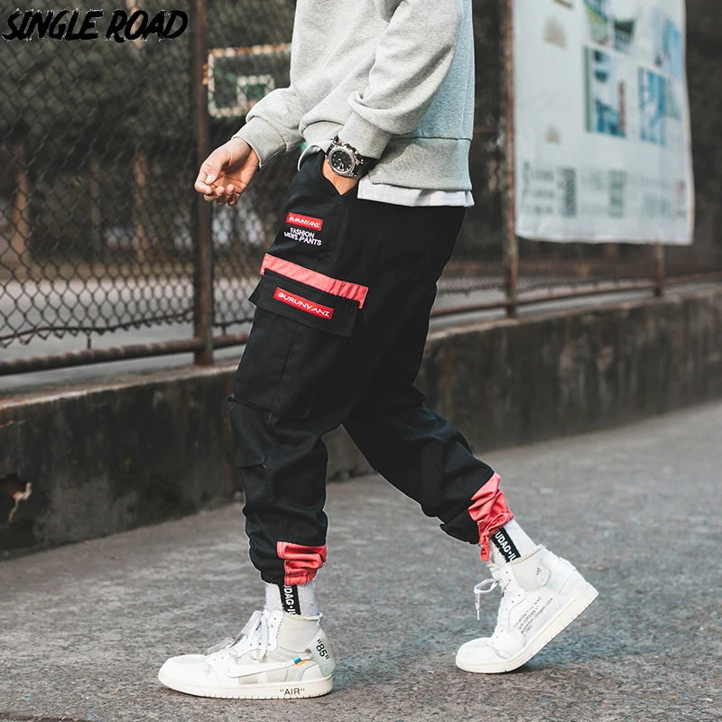 Online SingleRoad Hip Hop Harem pantalones de los hombres 2019 bolsillos pantalones larga Streetwear hombre moda Casual pantalones Jogger Men