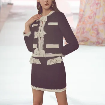 

CHIC 2020 New Hepburn Style Elegant Women Suit Cute Black White Bowtie Diamond Tweed Jacket Top and Skirt Woman's 2 pieces Set