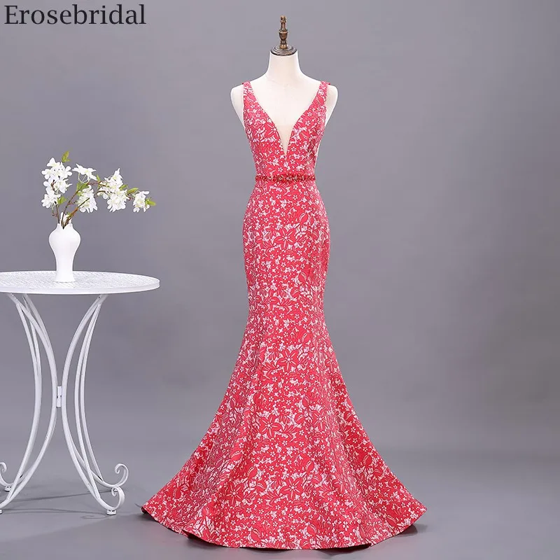 Erosebridal Red Mermaid Prom Dress 2020 Floarl Print Collection Long Formal Evening Gown Small Train Beads Belt | Свадьбы и
