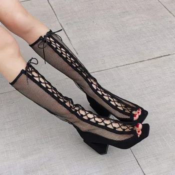 

Womens Genuine Leather Cross Straps Rome Net Breathable Knee High Gladiator PeepToe Sandals Boots Lace Up Shoes Block Heel New