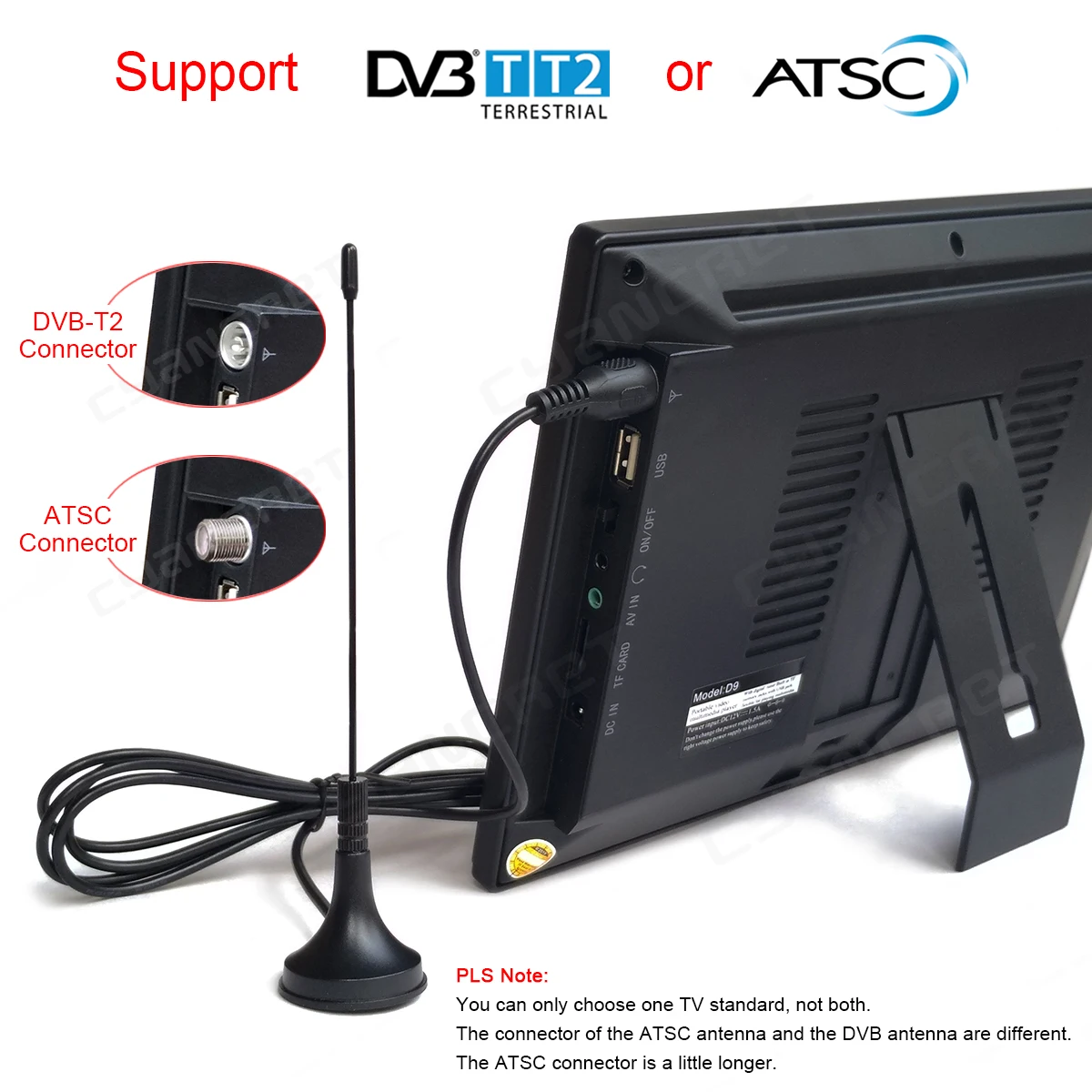 리드스타 DVB-T2 휴대용 TV ATSC tdt 9인치 디지털 및 아날로그 텔레비전 전면 스피커 미니 소형 차량용 TV H.265 AC3 지원