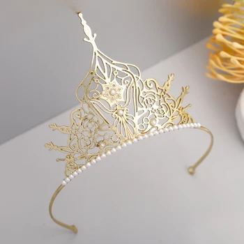 

Baroque Vintage Gold Color Pearl Bridal Tiaras And Crowns High King Queen Diadems Wedding Hair Jewelry Women Hair Accessories