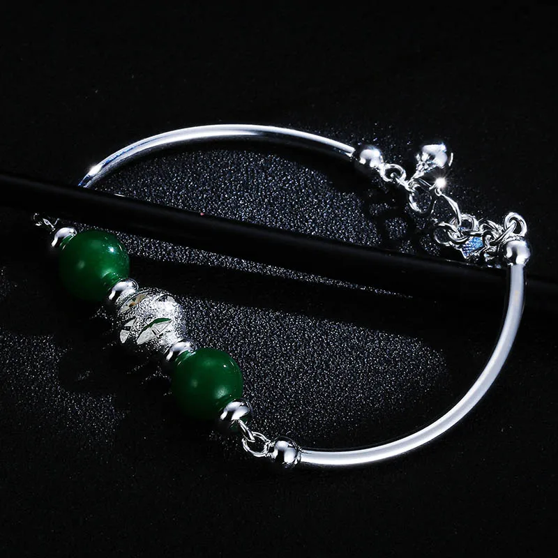 Bague Ringen Серебряный 925 нефритовый браслет, Круглый Зеленый Халцедон, Открытый регулируемый размер, очаровательные женские ювелирные изделия, женские вечерние, подарок