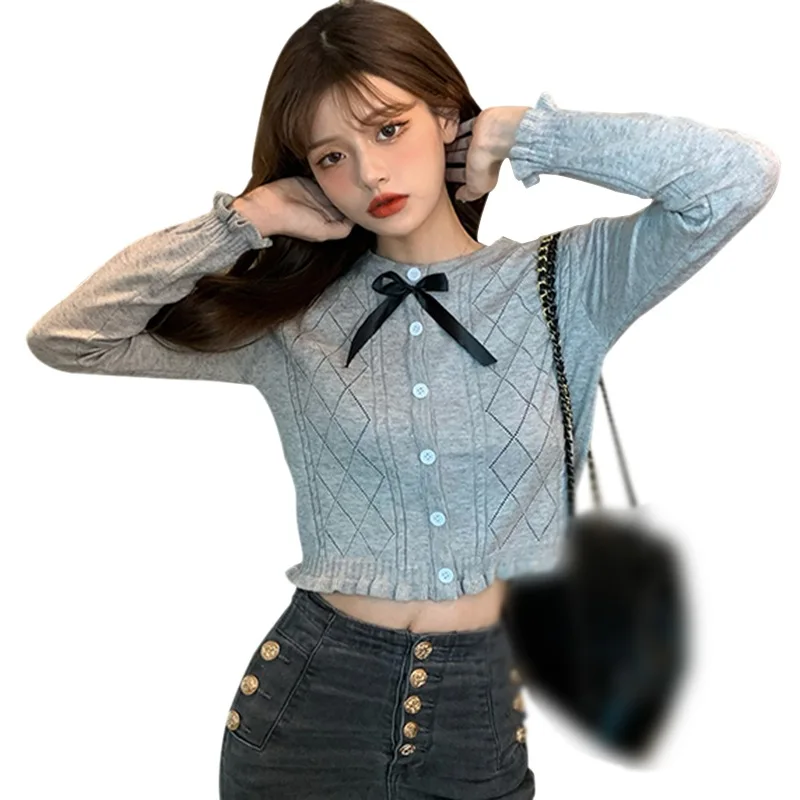 

Autumn Women's Short Bow Long-sleeved Sweater With Wooden Ears, Women's Cardigan Jacket