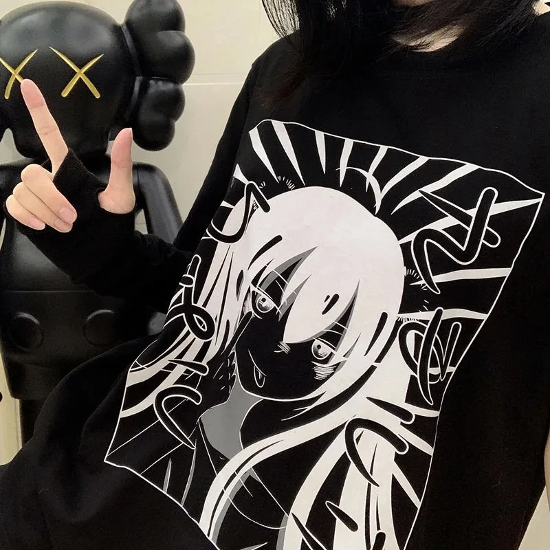 Women's t-shirts korean cotton Black Oversize dropshipping Tops harajuku vintage aesthetic gothic graphic punk clothes Anime tee