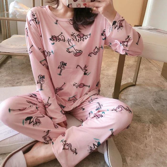 Пижамы для женщин хлопок милая Мода осень длинный рукав пижама Mujer животное ночная рубашка с принтом пижама ночное белье - Цвет: huolieniao