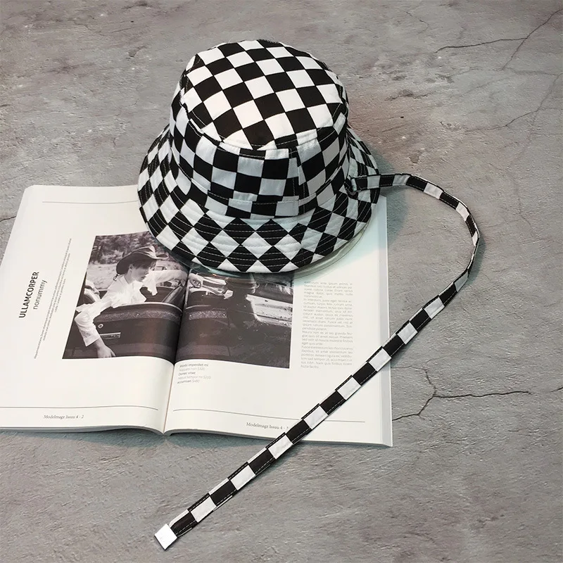 New Black White Plaid Check Bucket Hats Fishing Caps Women Mens Hip Hop Hat