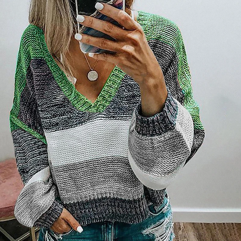 2020 Autumn/Winter New Stripe European And American Casual Loose V Neck Warm Long Sleeve Knit Sweater Women Work Office Wear