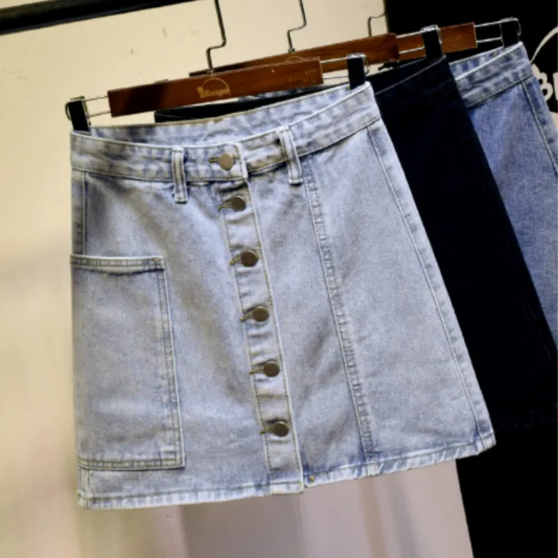 

2020 Spring Summer New Casual Jeans Skirts Female High Waist Single Breasted Denim Skirts Women's Slim A- Line Short Mini Skirt