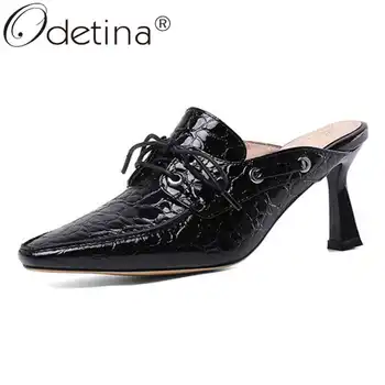 

Odetina Women New Block kitten High Heel Slingbacks Casual Pumps Round Toe Snakeskin Cross-tied Patent Leather Classics Mules