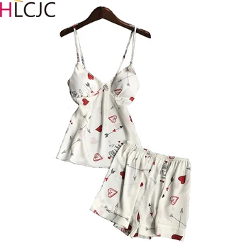 

Summer Heart Print 2Pcs Women Pajama Sets Satin Silk Sleepwear V Neck Tops + Short Pants Pajamas Sets Lady Sleeveless Underwear