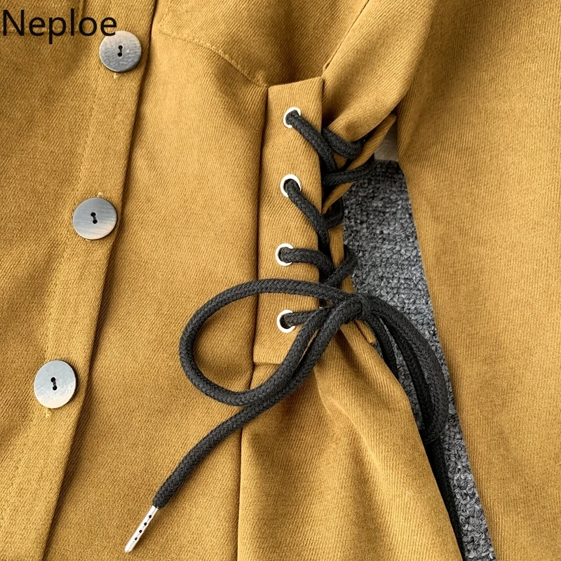Neploe осенне-зимнее темпераментное Повседневное платье с отложным воротником приталенные вечерние платья трапециевидной формы со шнуровкой на пуговицах, Vestido Ropa 46830