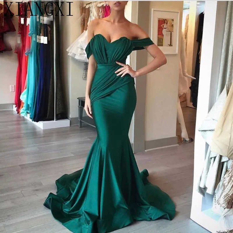 

Emerald Green Off The Shoulder Mermaid Prom Dresses Long 2019 Sexy Satin Party Evening Gowns Formal Women Dress Vestido de Festa