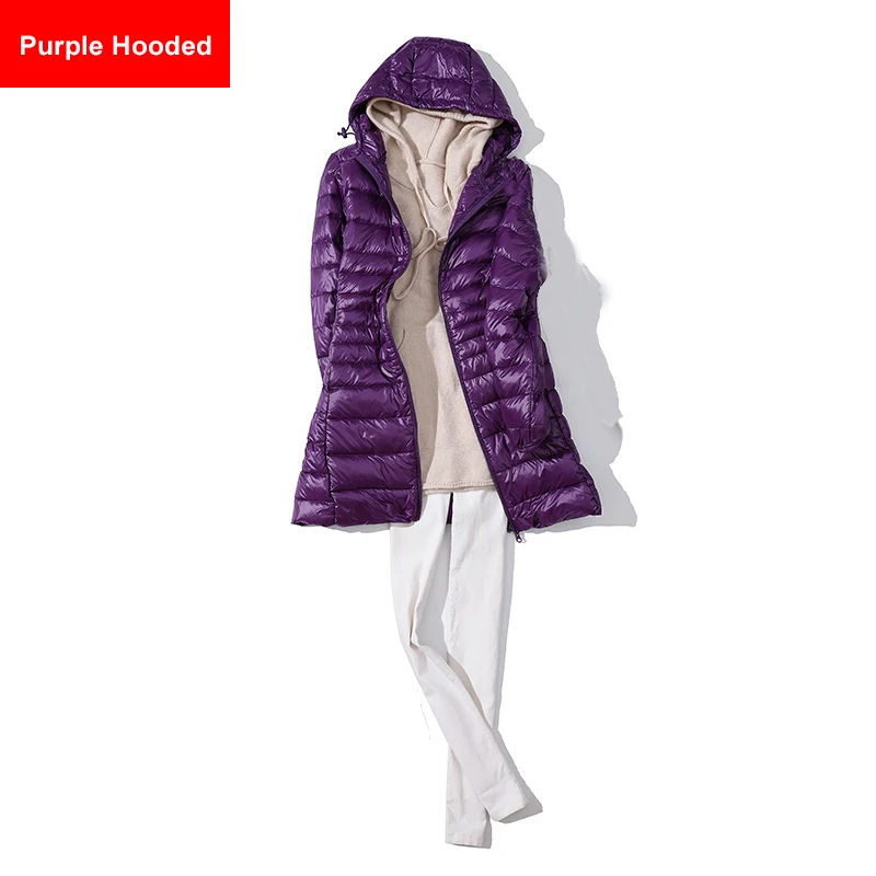 Purple Hooded Зимние куртки размера плюс, женские куртки с капюшоном на утином пуху, 5XL, 6XL, 7XL, средней длины, ультра-светильник, пуховая куртка с капюшоном, Осенние парки - Цвет: Purple Hooded