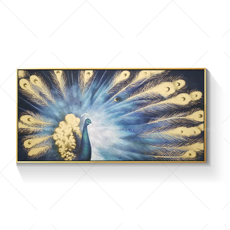 Modern Blue Peacocks flaunting Painting Handmade Oil Canvas Wall Animal Paintings For Living Room Decoration | Дом и сад
