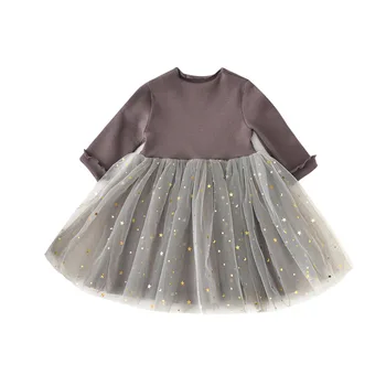

Kids Girl Dress Long Sleeve Bright Star Single Tulle Lace Dress Girl princess Dresses Children Clothes Set Spring