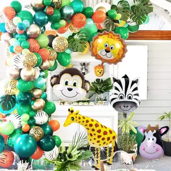 

jungle party Kids First Birthday Balloons Artificial Palm Leaves Baby Girl Boy Birthday Decoration Animal Greeen Ballons