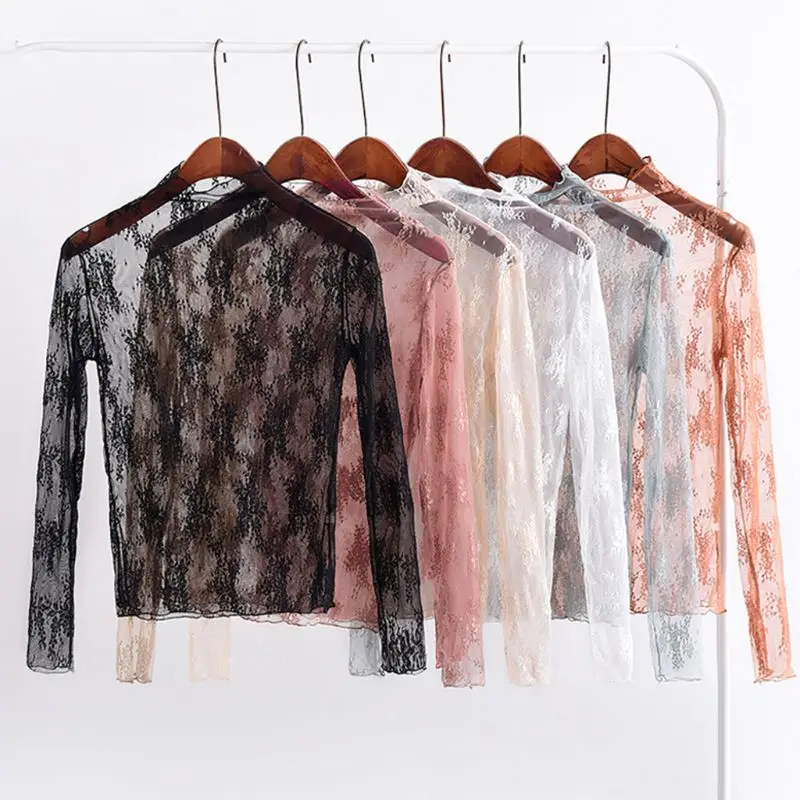 

Summer Spring Womens See Through Mesh Basic Long Sleeve Blouse Mock Neck Embroidered Floral Lace Loose Pullover Tops