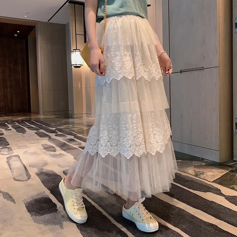 

Photo Shoot 2019 Autumn And Winter New Style Korean-style Lace Joint Layers Cake Dress Fairy Long Gauze Skirt Women's