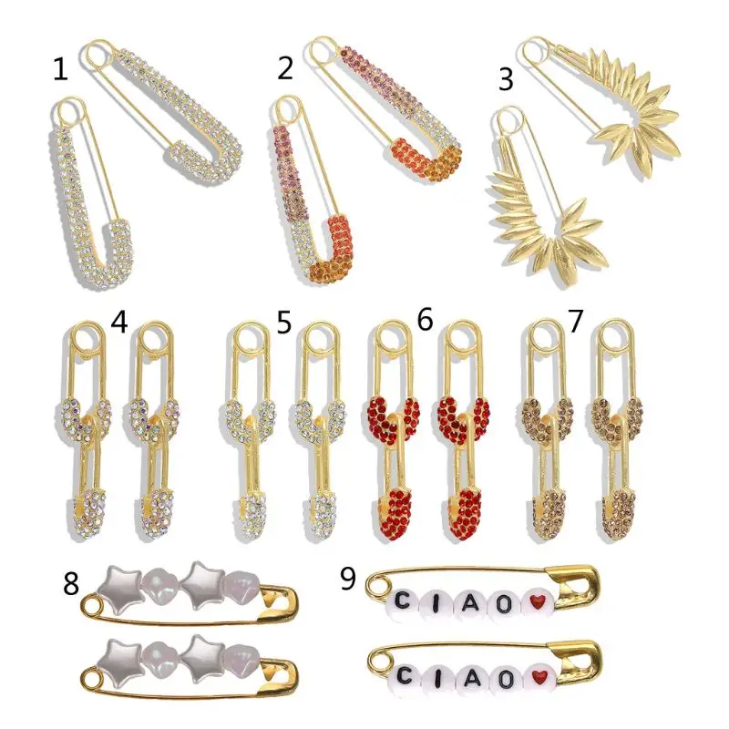 

Women Dainty Safety Pin Studs Rainbow Crystals Inlaid Hoop Earrings Jewelry