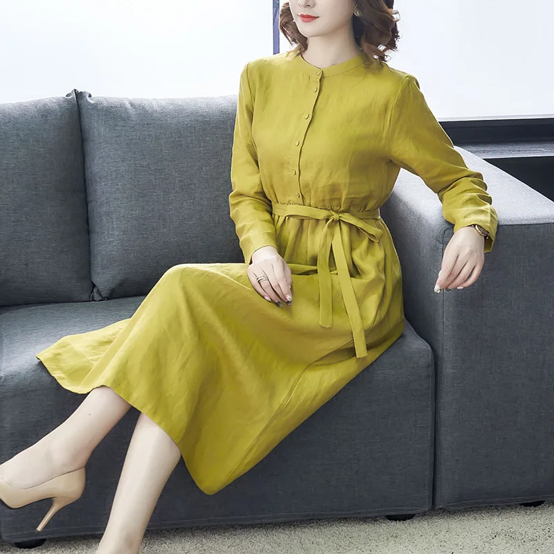 

2019 Early Autumn New Style WOMEN'S Dress Loose-Fit Elegant Elegant Lemon Yellow Long Sleeve Skirt Slimming Waist Hugging Cotton
